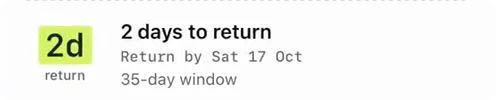 2 days to return, return by Sat 17 Oct